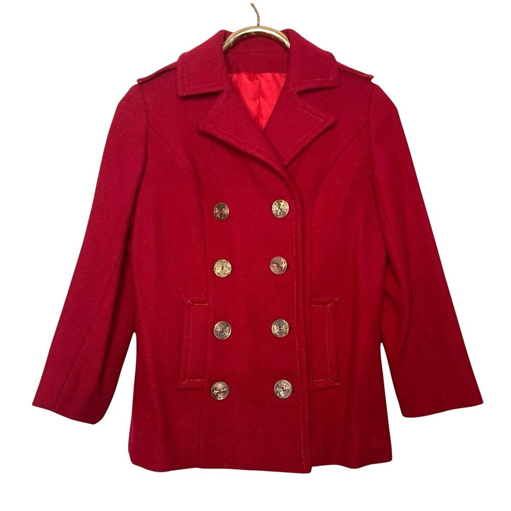 Vintage 60s Maroon Red Mod Pea Wool Coat Size Small Jacket Double Breast
